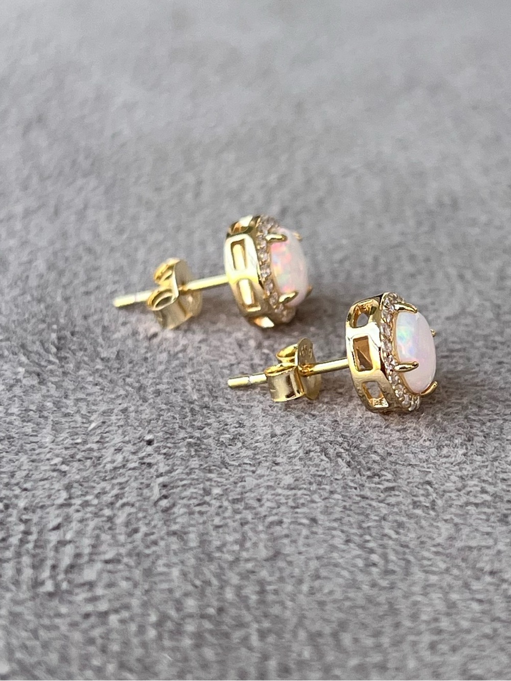 Gold Over Sterling Silver 6MM Lab Opal Halo Stud Earrings - Picture 3 of 5